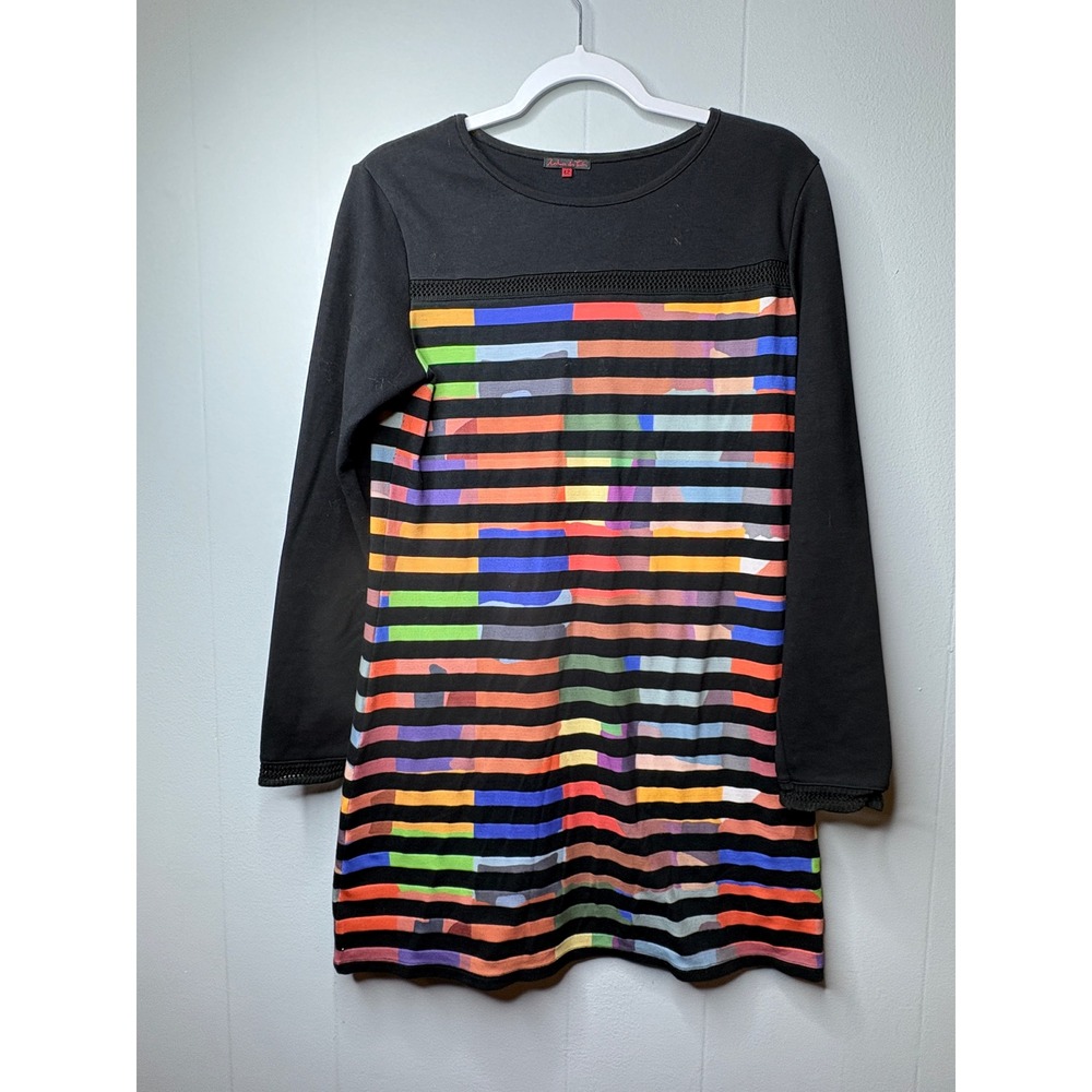 Antik Batik Womens Long‎ Sleeve Abstract Stripe Mini Dress Black Multicolor T42